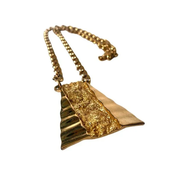 Vintage Gold Pyramid Nugget Necklace, Gold Pendant Necklace, Large Statement - Picture 4 of 10